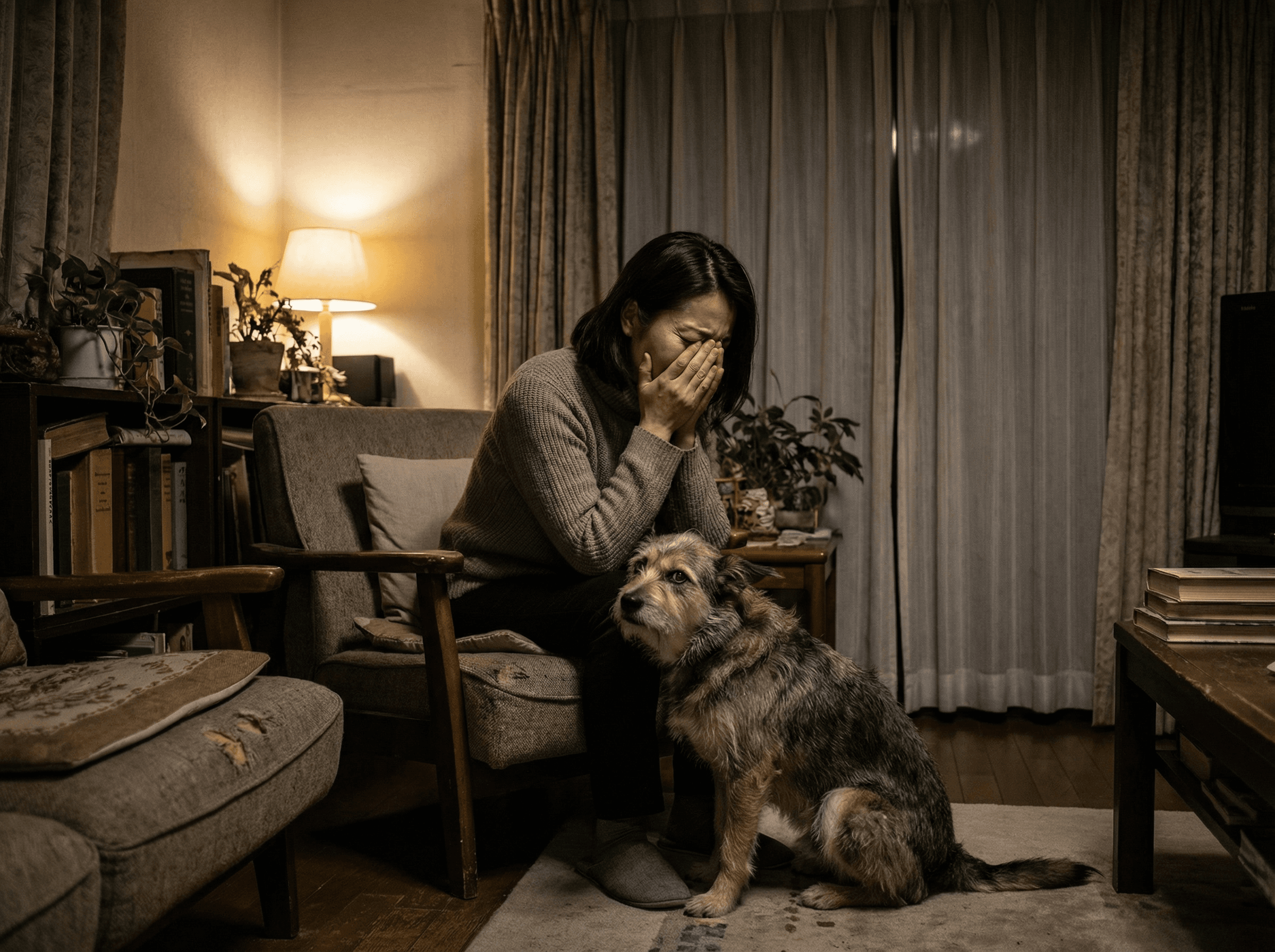 頭を抱える飼い主と、不安そうな犬のシルエット